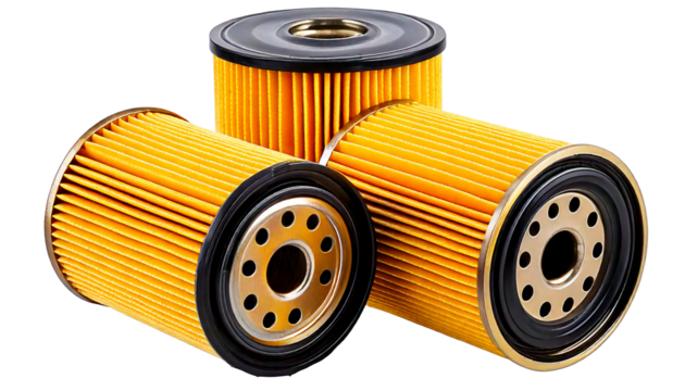 Three New Car Engine Oil Filters Close Up View Golden Yellow and Black Color Cylindrical Sha.png