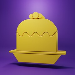 Yellow Cake icon isolated on purple background. Happy Birthday. Minimalism concept. 3D render illustration
