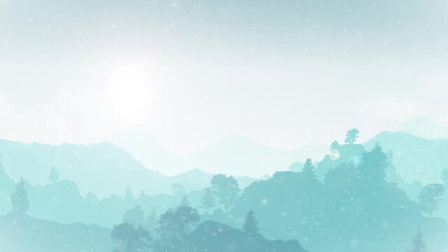 Winter Mountains Landscape Background/ Animation of a beautiful winter landscape background with mountains range in the snow including sky and sunset and also lens flare and parallaxe effect