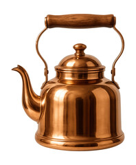Polished copper kettle with wooden handle, perfect for vintage-style cottage kitchens.