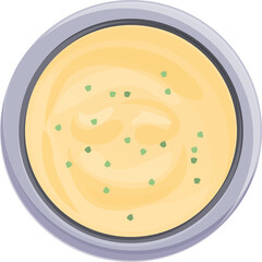 A top down view of a creamy yellow soup garnished with green herbs inside a silver rimmed bowl with a transparent background