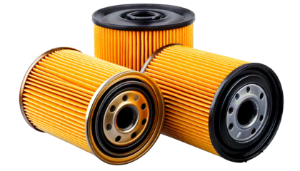 Three New Car Engine Oil Filters Close Up View Golden Yellow and Black Color Cylindrical Sha.png