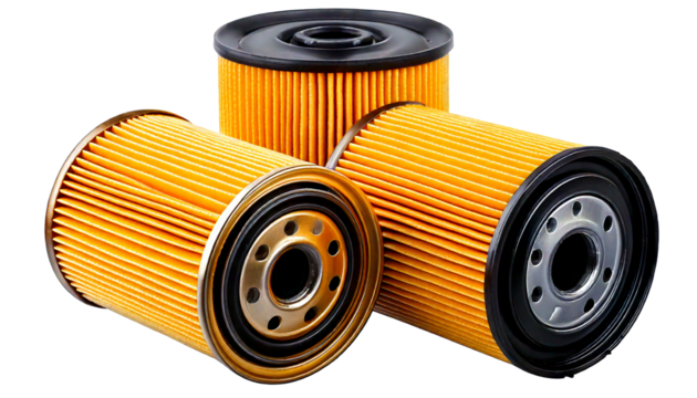 Three New Car Engine Oil Filters Close Up View Golden Yellow and Black Color Cylindrical Sha.png