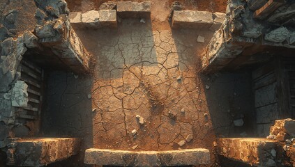 Aerial View of Cracked Ground in Ruined Stone Structure at Sunset