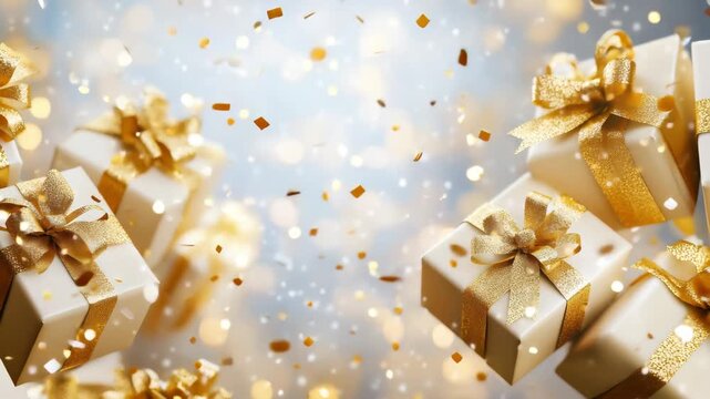 Golden Gift Bonanza: An enchanting arrangement of wrapped presents, each adorned with a shimmering golden bow, floats amidst a festive confetti and soft, blurred lights.