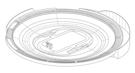 Architectural blueprint of a sports stadium, showing seating and track layout.