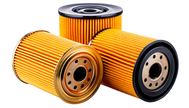 Three New Car Engine Oil Filters Close Up View Golden Yellow and Black Color Cylindrical Sha.png