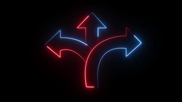 Neon blue and red arrows diverge and split on a black background representing a crossroads, choice, direction, or decision with abstract motion and animation.	