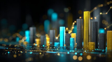 Abstract digital city skyline with glowing geometric shapes and colorful lights representing innovation, technology, and urban development concepts