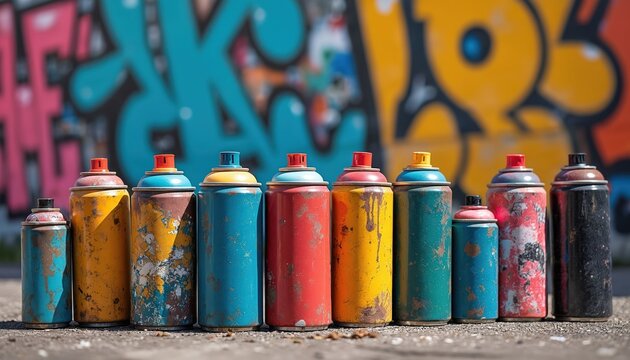 Many colorful used spray paint cans stand in row on urban ground. Old rusty aerosol containers sit before vibrant graffiti mural on city wall. Still life represents street art culture, hip hop