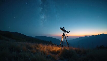 Fototapeta premium Telescope on tripod points at starry night sky over mountain landscape. Astrophotography equipment ready for capturing deep space images. Exploring universe during twilight.