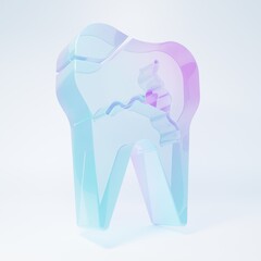 Frosted glass Broken tooth icon isolated on white background. Dental problem icon. Dental care symbol. Minimalism concept. 3D render illustration