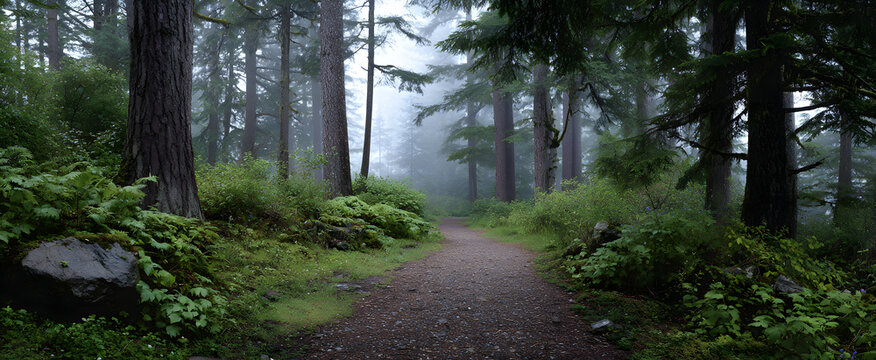 Mist-filled forest trail offers peaceful early morning runs at dawn.