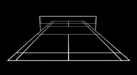 A white line drawing of a badminton court viewed from one end against a black background.
