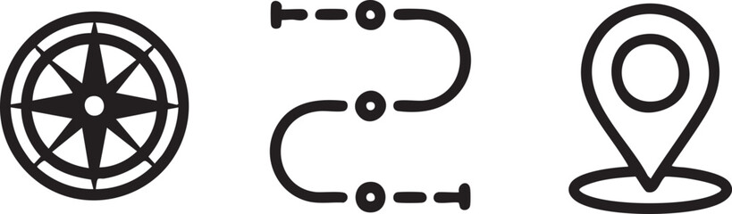 Obraz premium Navigation Line Icons Set Vector outline symbols of Compass Travel Route Path and Location Pin Minimalist Map elements for UI and Web
