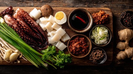 Fresh Seafood and Ingredients for Asian Cuisine with Octopus, Egg, Vegetables, and Various Sauces on a Wooden Board