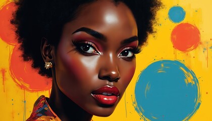 Pop art portrait of black woman against yellow backdrop with abstract art elements. Female face with stylish makeup. Beautiful illustration perfect for fashion advertising and modern design projects.