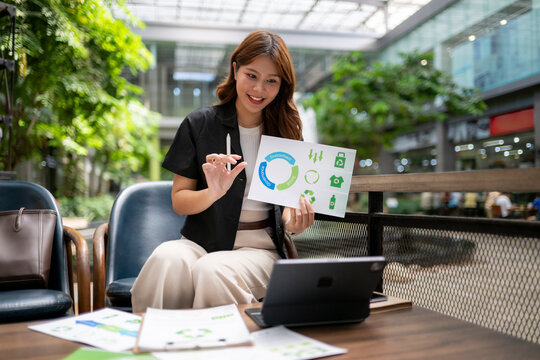Young woman presenting sustainability concepts during video call