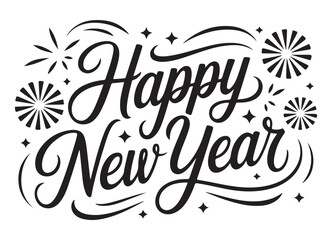 Happy New Year lettering decorative vector illustration with fireworks and stars festive design elem