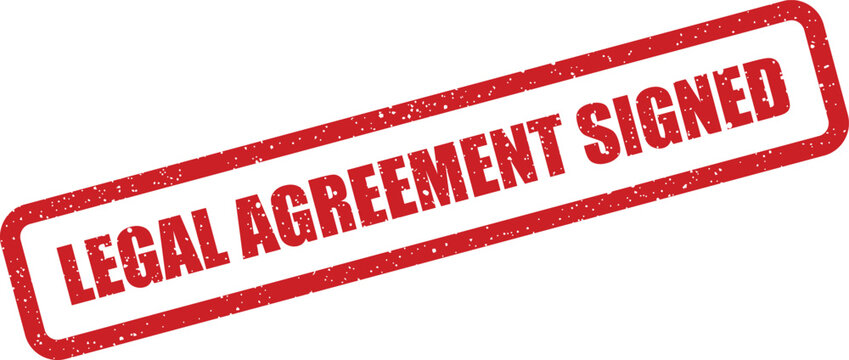 Grunge textured stamp with the phrase legal agreement signed, indicating a completed business transaction