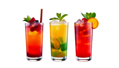 Three tall glasses filled with colorful refreshing cocktails garnished with fruits and mint_.png