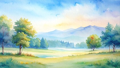 Watercolor landscape painting of a serene meadow