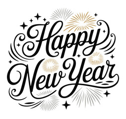 Obraz premium Happy New Year calligraphy with fireworks vector lettering design for holiday greeting cards and inv