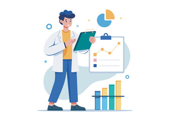 A flat vector illustration of a researcher analyzing statistical data on a clipboard logo creative icon on white background
