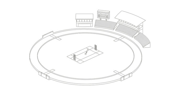 A line drawing of a stadium with a sports field, stands, and a scoreboard.