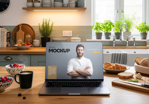 Laptop on kitchen table top. Screen mockup