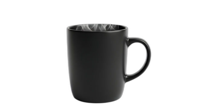 Black mug coffee cup drink beverage hot tea steam caffeine morning ceramic dark background on transparent background - Powered by Adobe