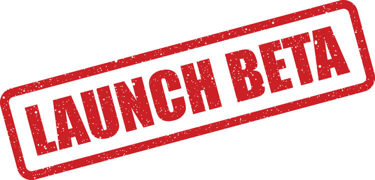 Grungy rectangular rubber stamp mark displaying a clear message for a new software beta release