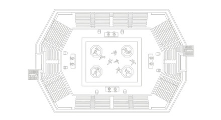 Architectural plan view of a sports arena with seating around a central playing field, including figures and equipment.