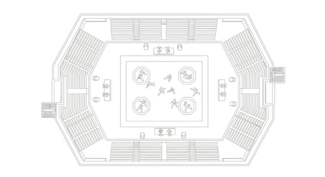 Architectural plan view of a sports arena with seating around a central playing field, including figures and equipment.