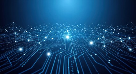 Abstract glowing blue network grid on a dark digital background.