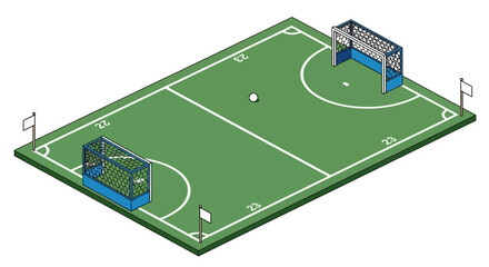 Isometric view of a soccer field with goals, flags, and a ball. © Kisah