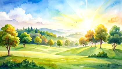 Watercolor landscape sunrise