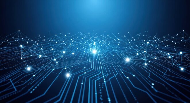 Abstract glowing blue network grid on a dark digital background.