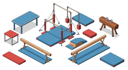 Isometric illustration showcasing various gymnastics equipment, including bars, beams, and mats.
