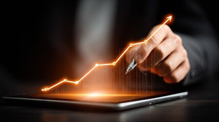 Business growth concept hand drawing rising line on digital tablet screen