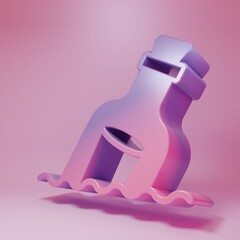 Purple-pink Glass bottle with a message in water icon isolated on pink background. Letter in the bottle. Pirates symbol. Minimalism concept. 3D render illustration