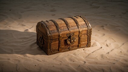 Antique Wooden Treasure Chest on Sandy Beach Surface