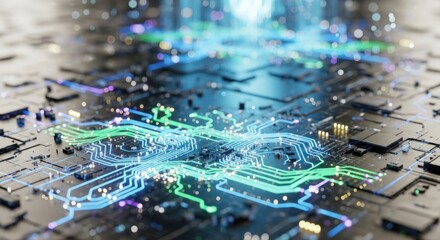 Glowing circuit board pathways with abstract digital light trails and bokeh.