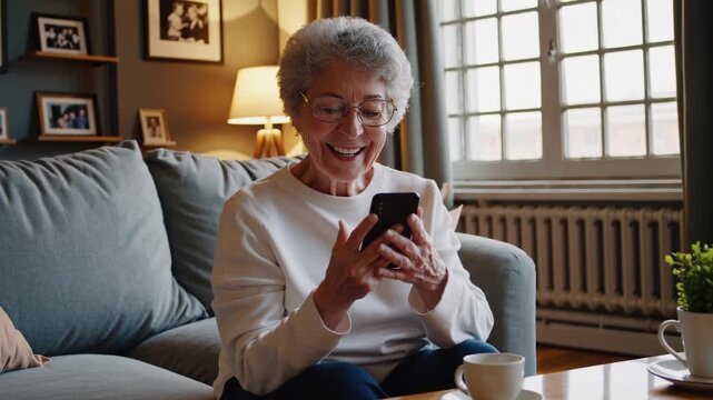 Happy elderly woman enjoys using smartphone while sitting comfortably in cozy living room