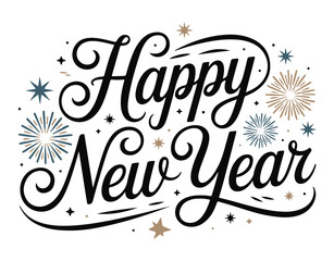 Happy New Year typography festive vector lettering with stars and fireworks holiday celebration desi