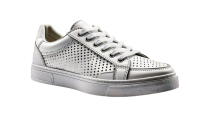 White leather low top fashion sneaker, with perforated detailing isolated on a white 