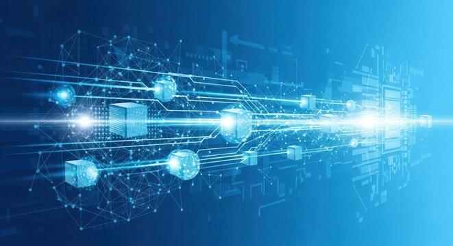 Abstract digital network data flow with glowing cubes on blue background