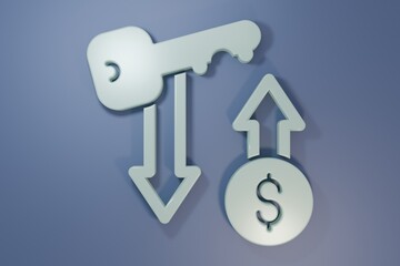 Grey Rent key icon isolated on purple-blue background. The concept of the house turnkey. Minimalism concept. 3D render illustration