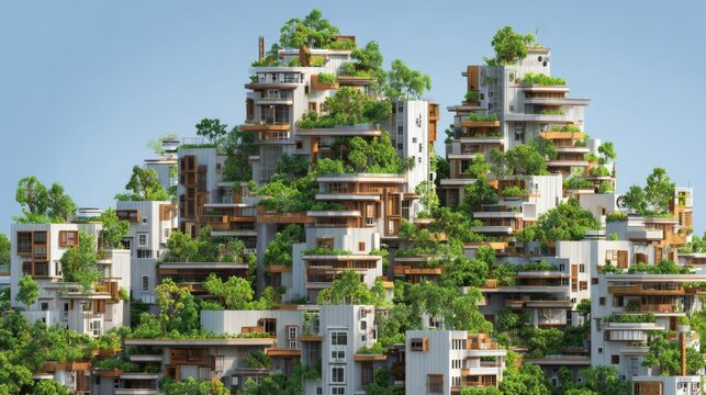 Modern eco-friendly urban architecture with vertical gardens integrated on hillside residential buildings showcasing innovative design and sustainable living concepts