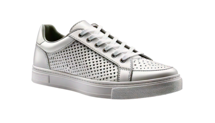 White leather low top fashion sneaker, with perforated detailing isolated on a white 
